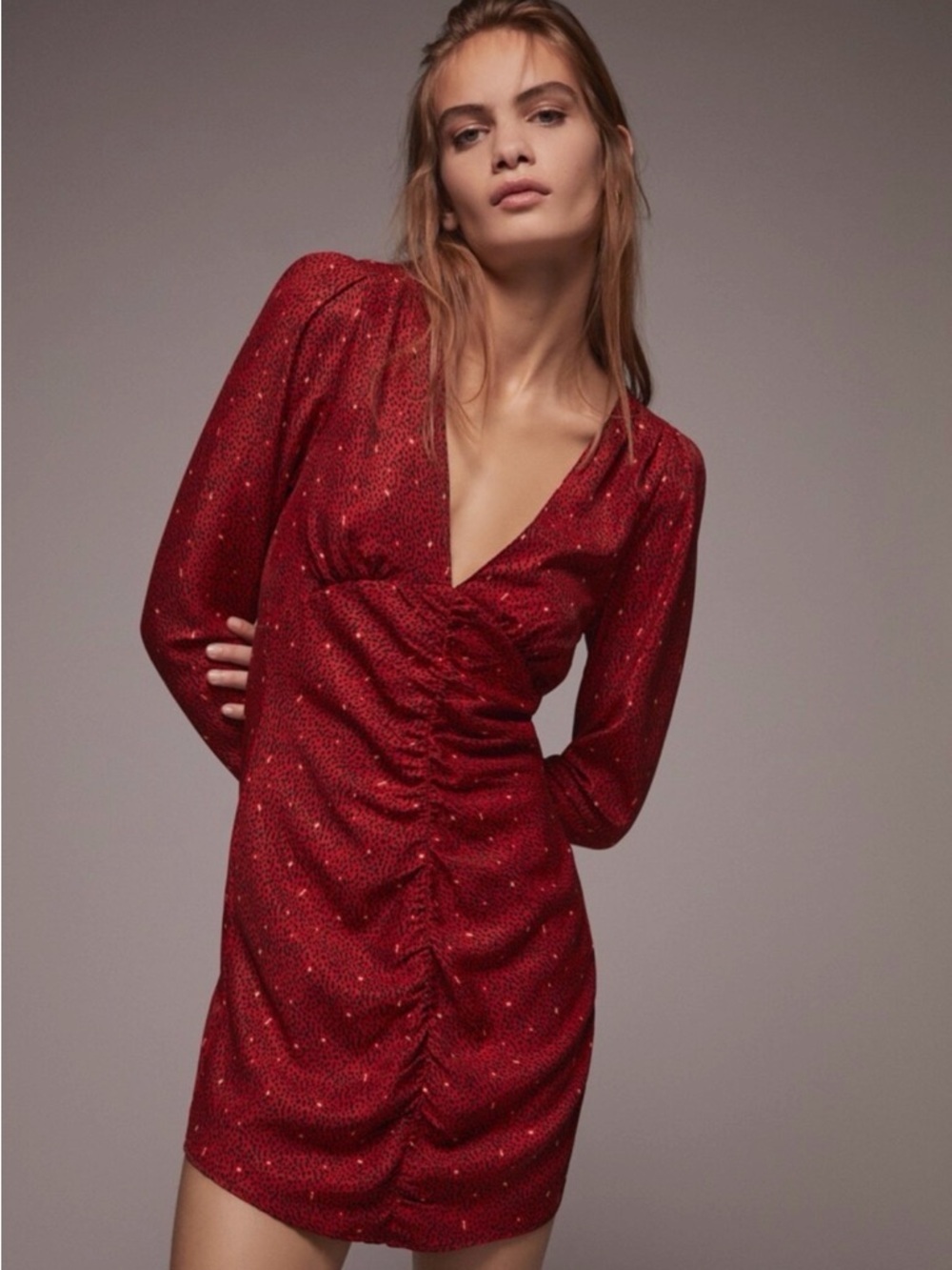 Zara Red Ruched Mini Dress Long Sleeve V Neck Size Small